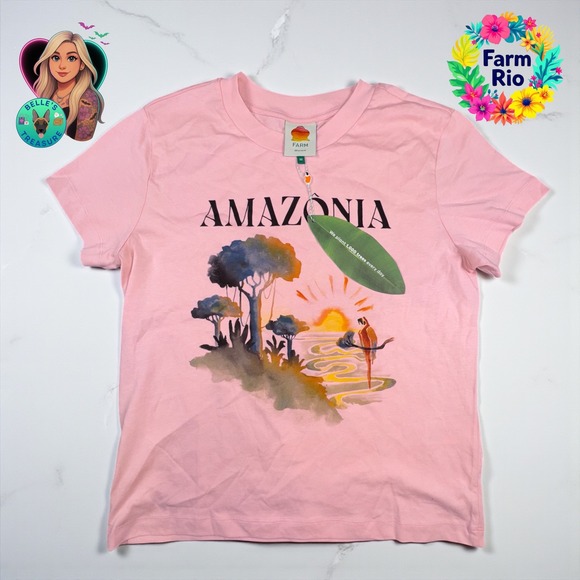 FARM Rio Tops - FARM Rio "AMAZONIA" Pink Graphic T-Shirt Womens Medium Organic Cotton Casual Tee